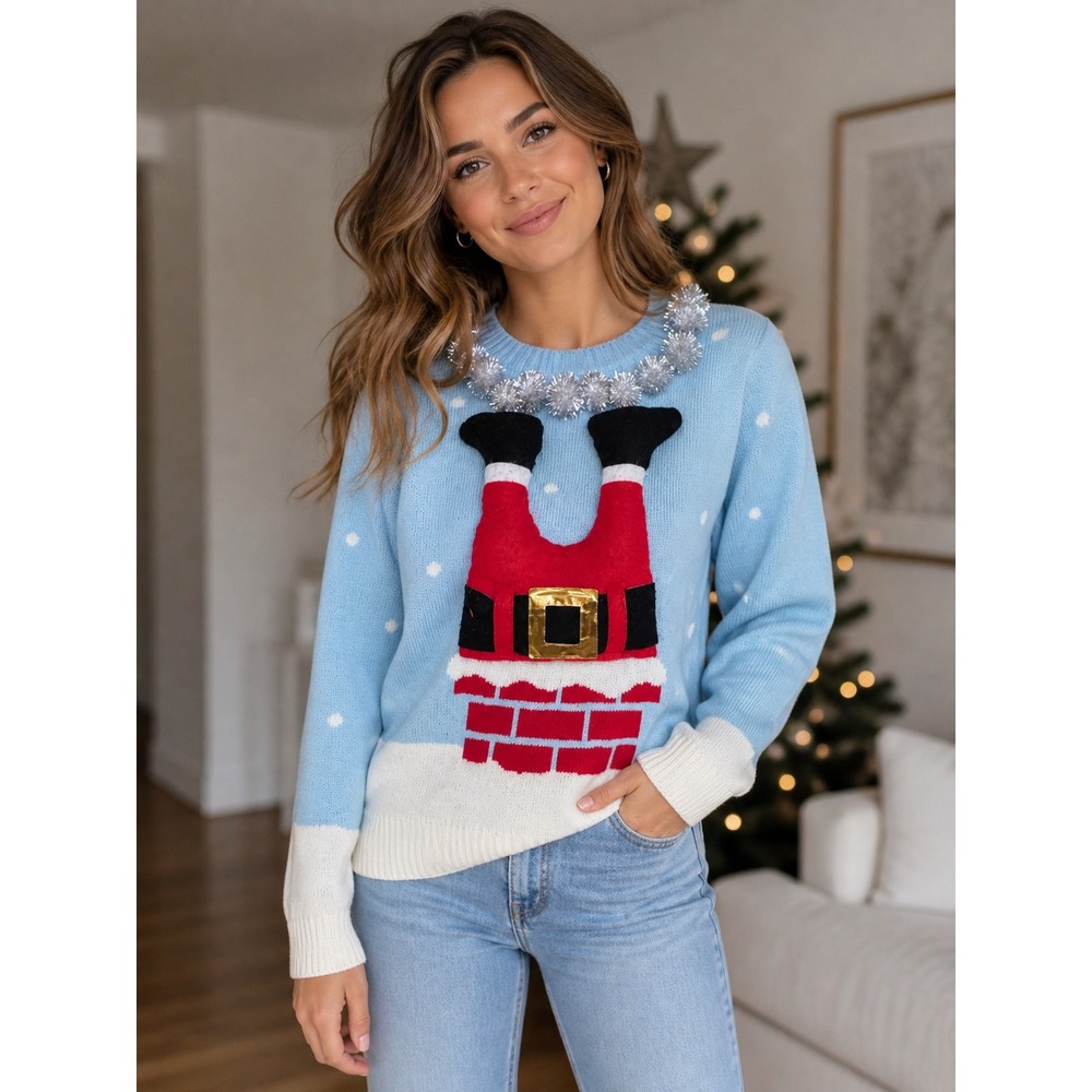 Lavender Moon Ugly Christmas‎ Sweater Santa Chimney 3D Knit Womens Small Holiday